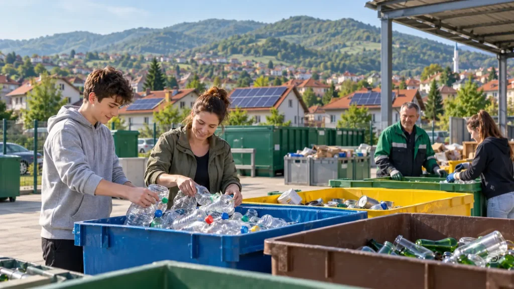 Građani razdvajaju otpad u reciklažnom dvorištu, dok se u pozadini vide kuće sa solarnim panelima
