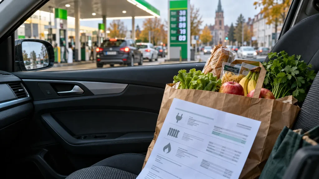 Namirnice i račun za energiju u automobilu ispred benzinske pumpe u Njemačkoj
