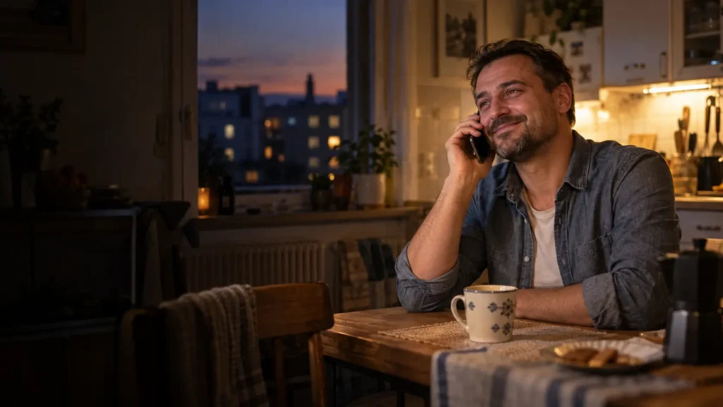 Muškarac razgovara telefonom s porodicom za kuhinjskim stolom