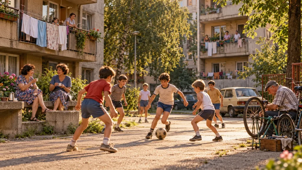 Djeca igraju fudbal u mahali dok komšije razgovaraju i piju kafu