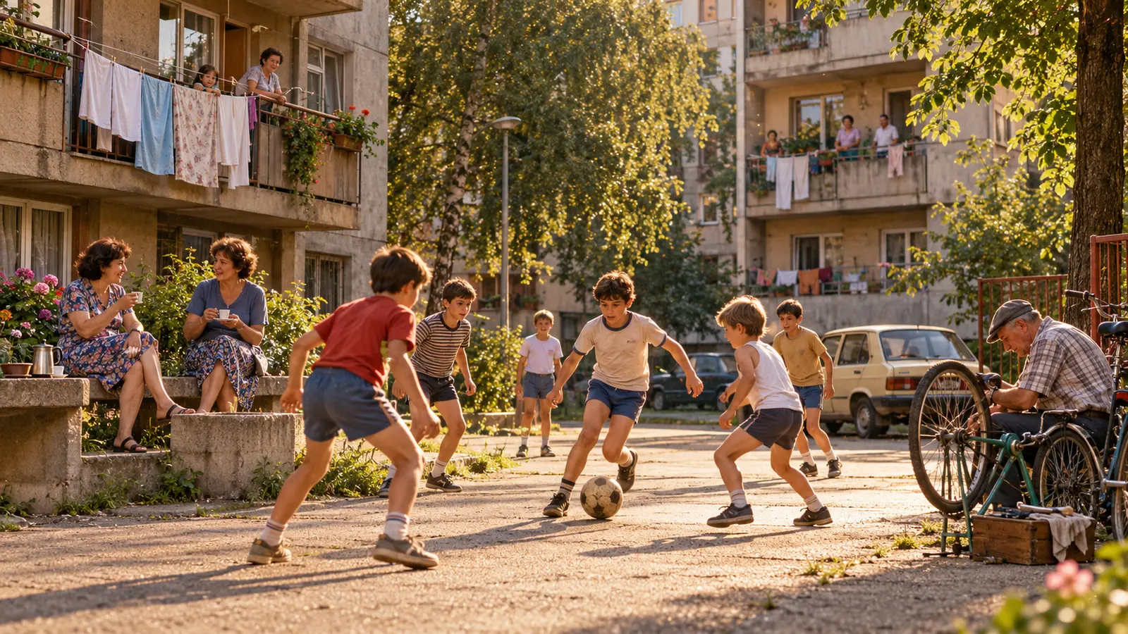 Djeca igraju fudbal u mahali dok komšije razgovaraju i piju kafu