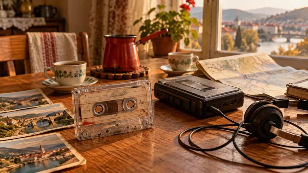 Stara audio-kaseta, kasetofon, kafa i razglednice iz gradova bivše Jugoslavije