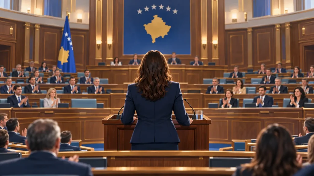 Simbolična ilustracija nove predsjednice za govornicom u parlamentu Kosova