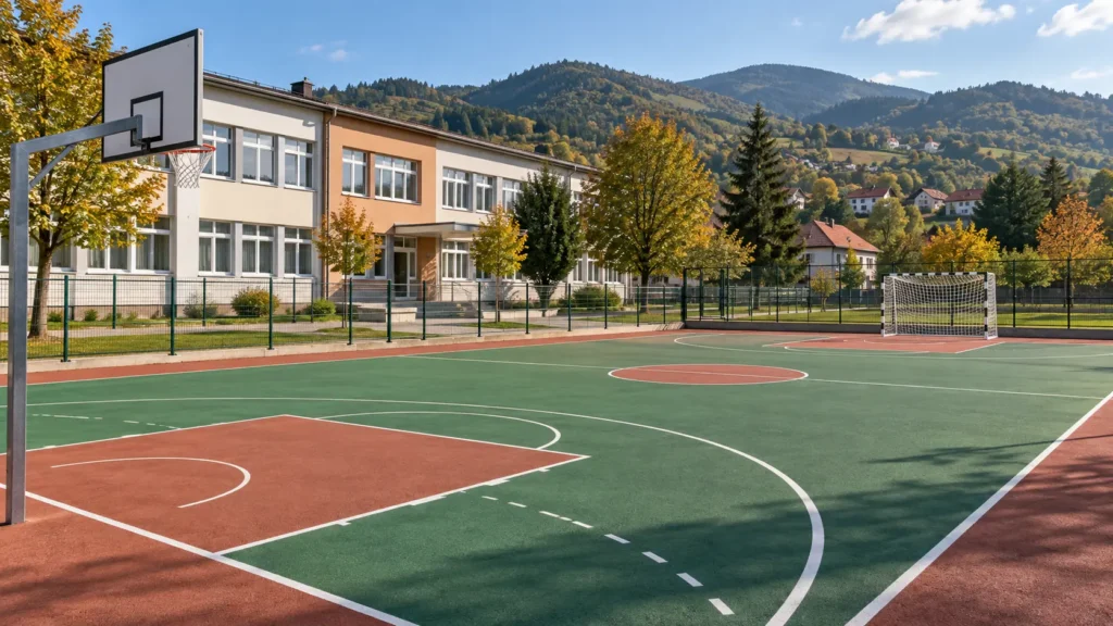 Školski sportski teren s košem i nogometnim golom, AI ilustracija