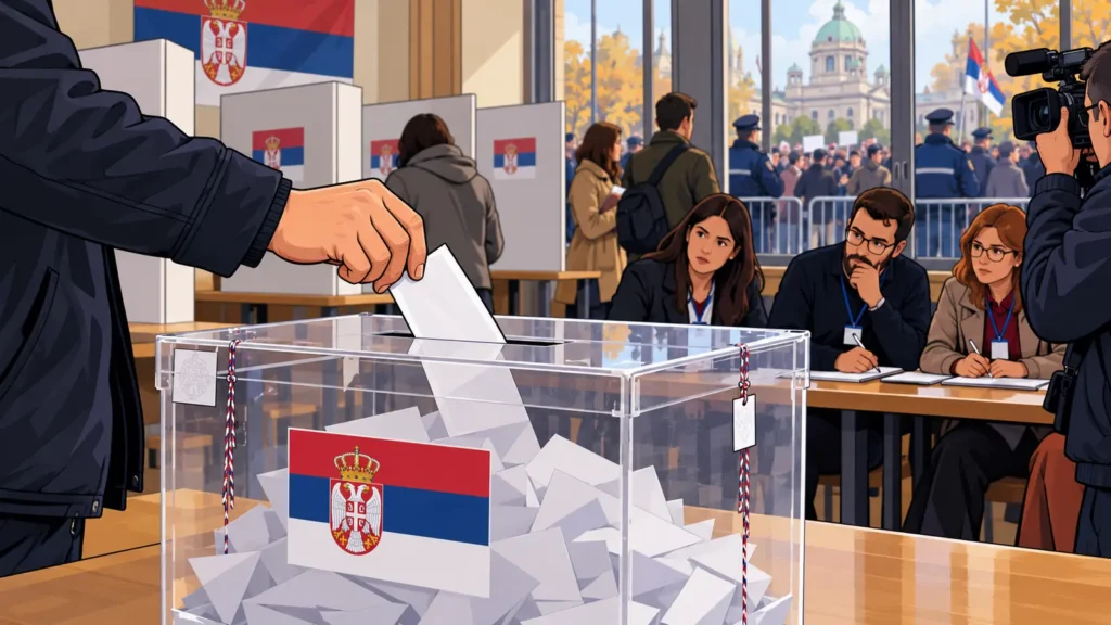Glasač ubacuje listić u glasačku kutiju dok posmatrači prate izbore u Srbiji