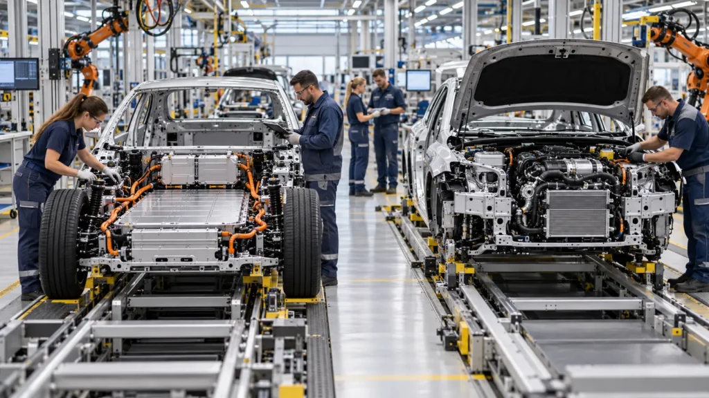 Radnici u modernoj njemačkoj fabrici automobila pored električnog i klasičnog vozila