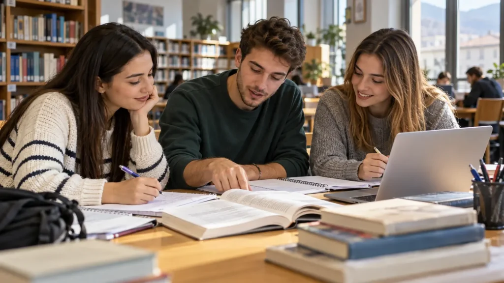 Troje studenata zajedno uči uz knjige i laptop u biblioteci