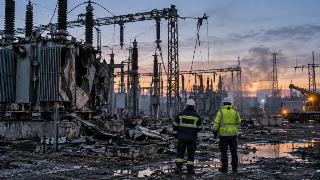 Radnici pregledaju oštećeno energetsko postrojenje nakon napada u Ukrajini