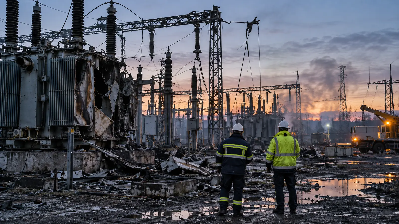 Radnici pregledaju oštećeno energetsko postrojenje nakon napada u Ukrajini