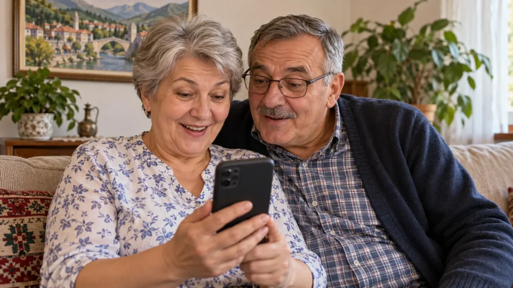 Roditelji zajedno gledaju porodični video-poziv na telefonu